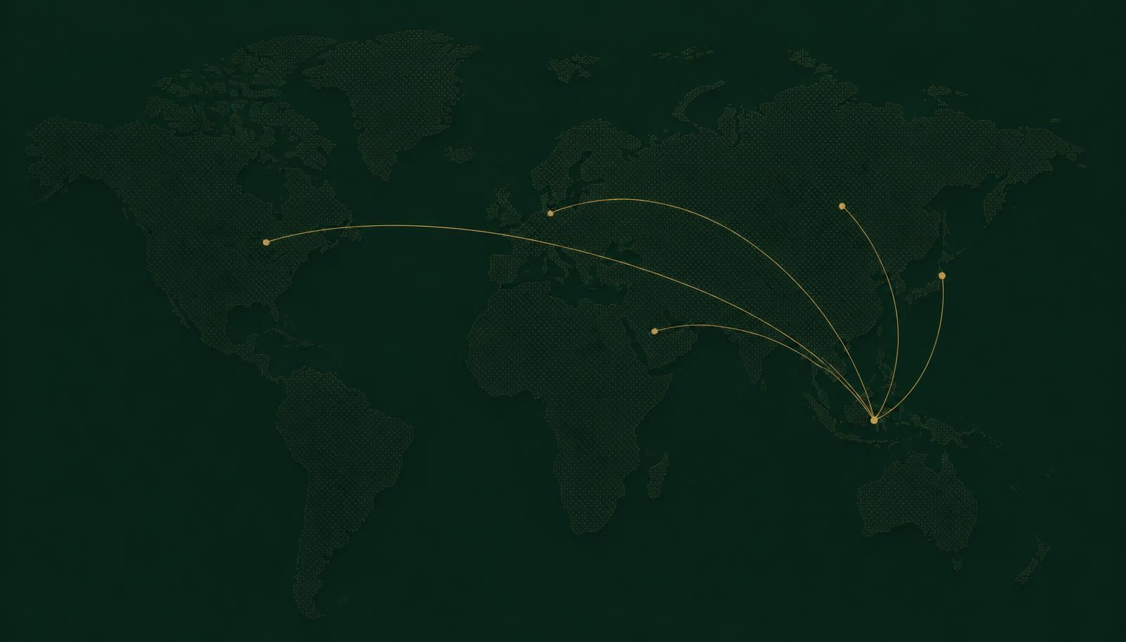 Minimal world map with routes from Indonesia to Asia, the Middle East, Europe and North America