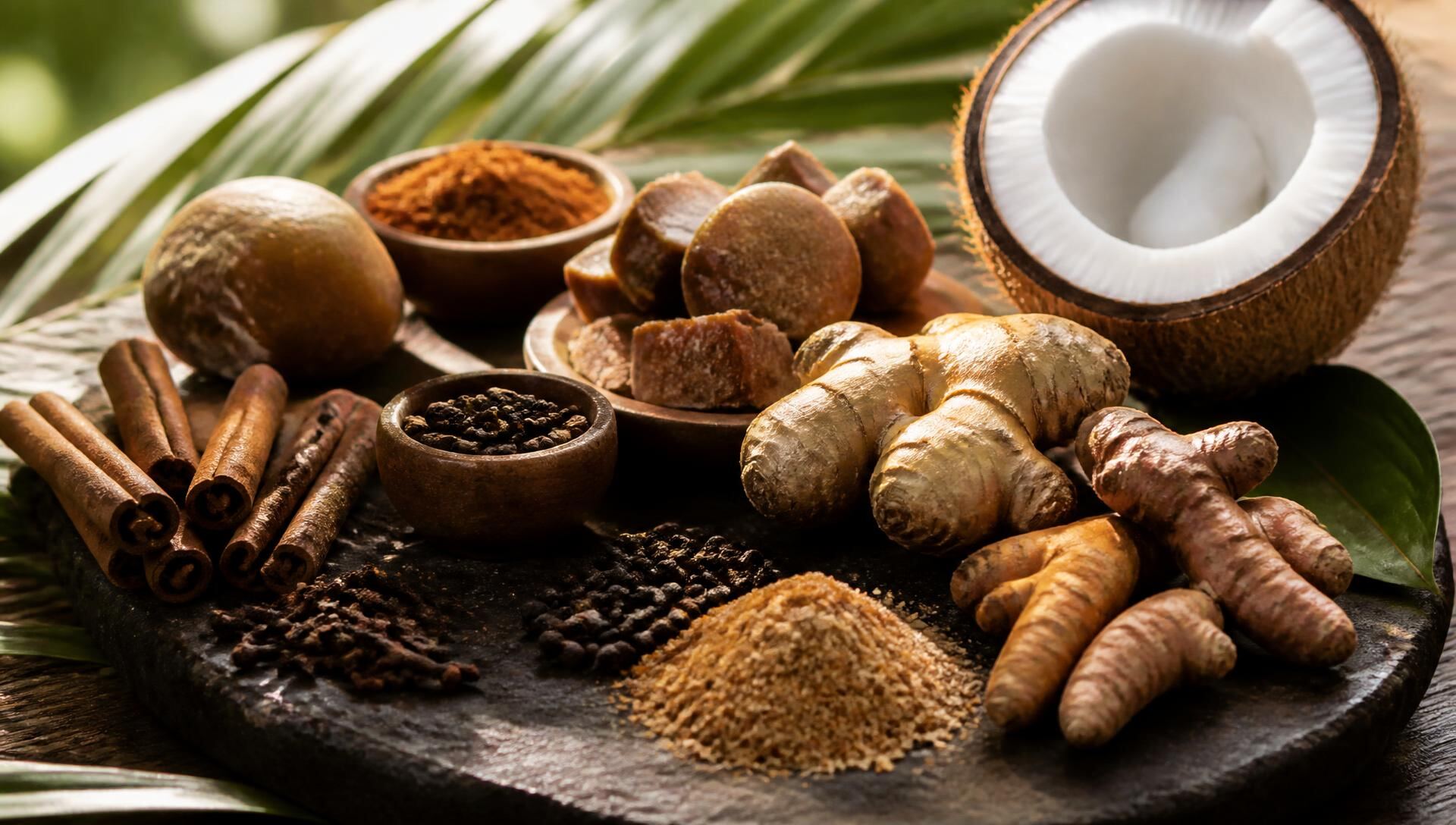 Indonesian cinnamon, cloves, turmeric, ginger, peppercorns, palm sugar and fresh coconut arranged on stone and teak wood