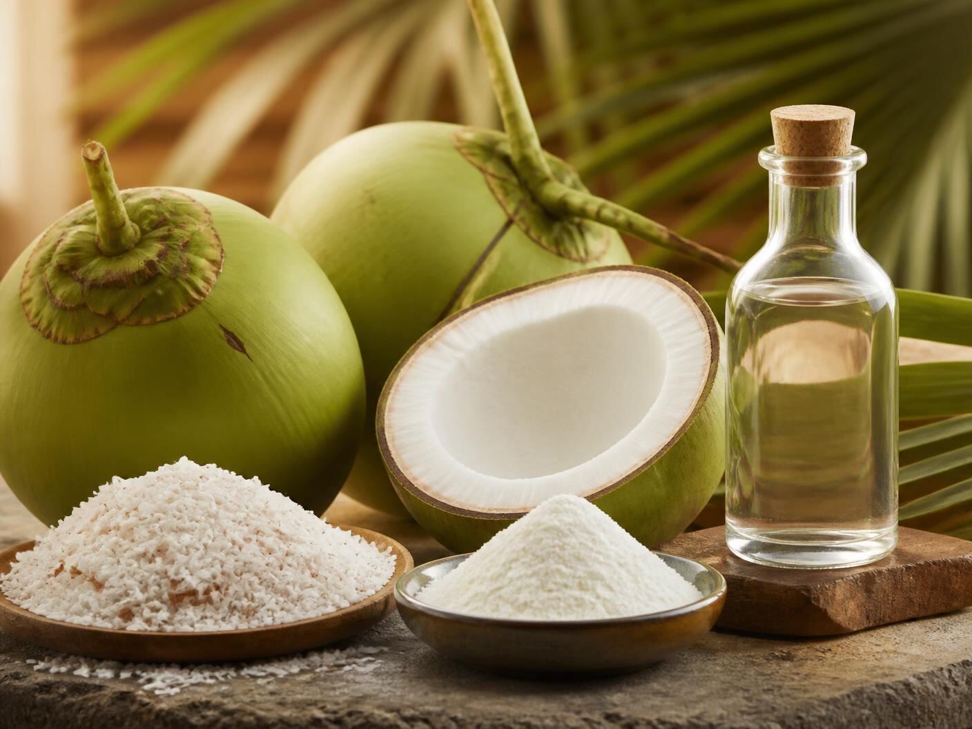 Indonesian coconuts with desiccated coconut, coconut milk powder and virgin coconut oil