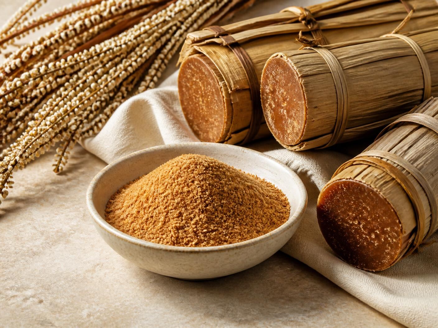 Indonesian coconut sugar granules in a ceramic bowl beside traditional palm sugar blocks