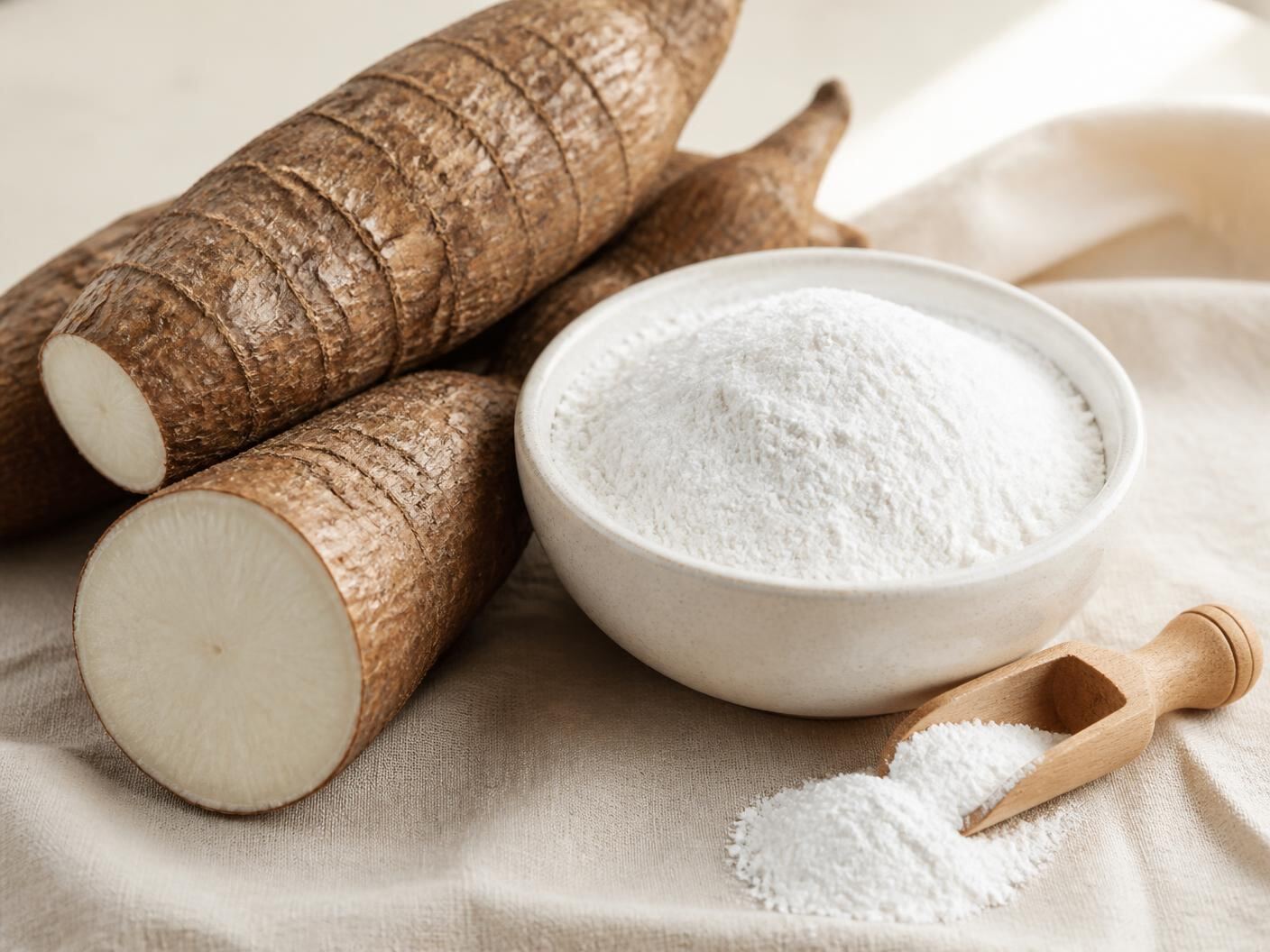 Fresh Indonesian cassava roots beside a bowl of white tapioca flour on linen