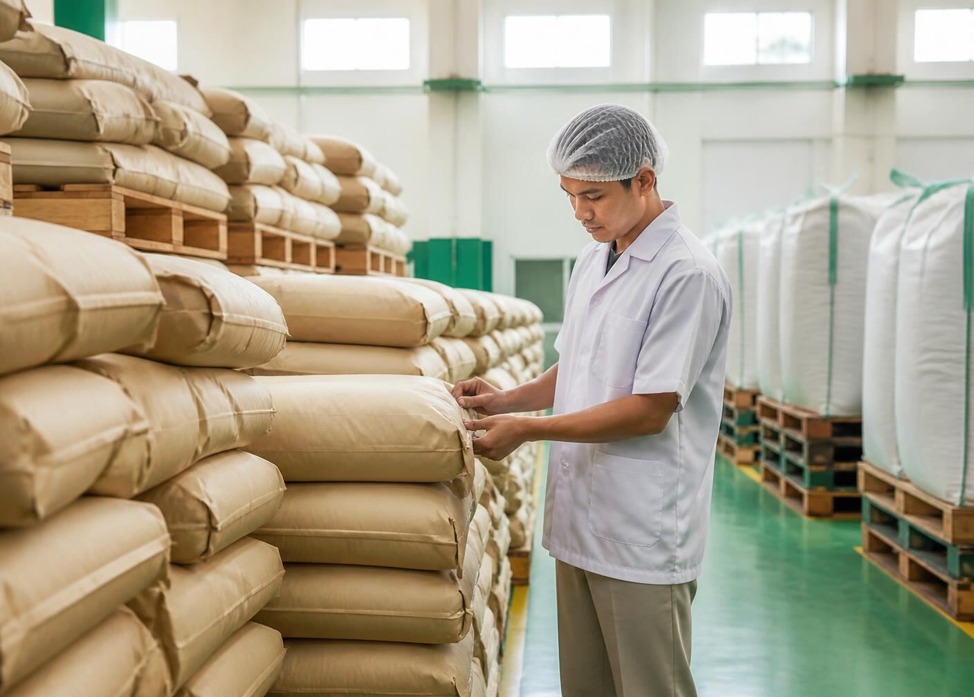 Ingredient sacks stacked on pallets being inspected in a clean Indonesian warehouse